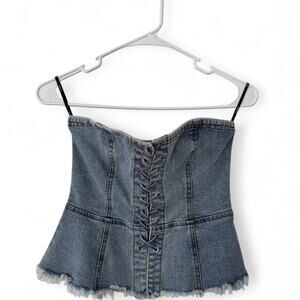 Forever 21 90s burnout grunge slinky flared lace-up corset denim top size S